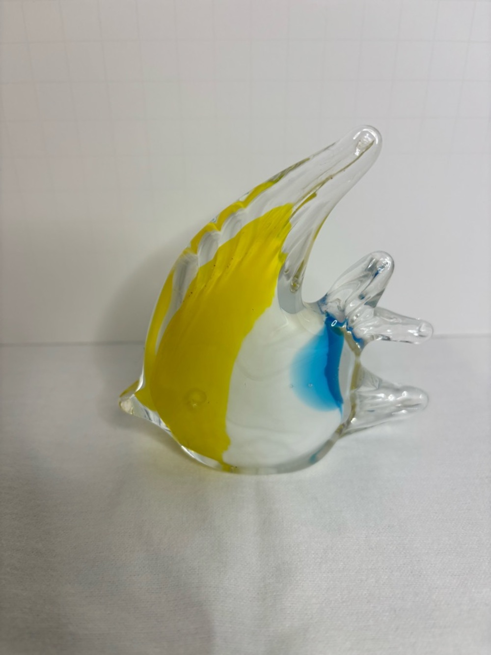 Handblown Glass Fish Figurine in Yellow, White & Blue Murano-style